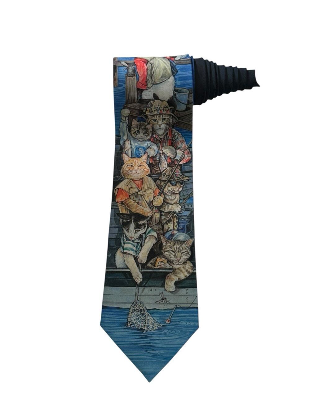 Ralph Marlin Cats Feline Fish Boat 100% Polyester 1997 Vintage Necktie